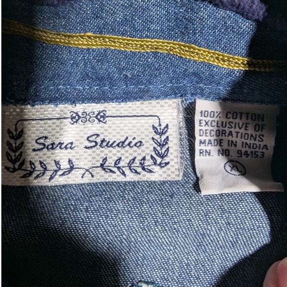 Vtg 1990s Sara Studio Blue Velvet Patchwork Embroidered Denim Trucker Jacket XL - Picture 4 of 4